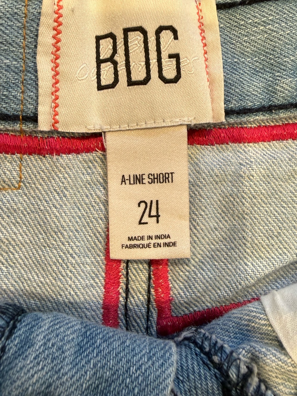 BDG Patchwork Light Wash A-Line Denim Shorts with Pink & Black Knit Panel - Picture 4 of 6